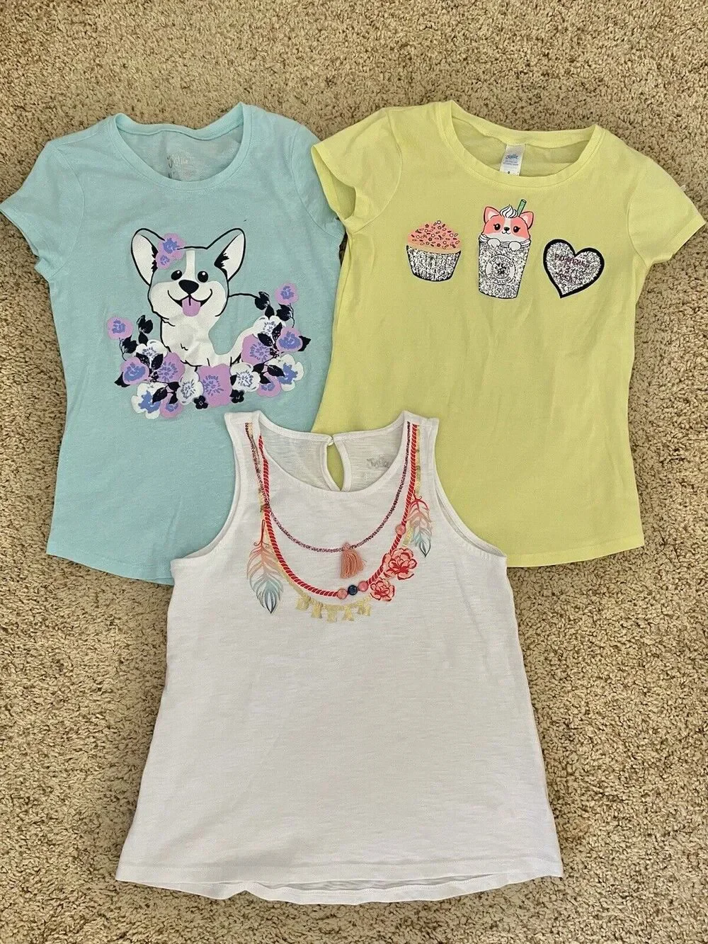 Lot Of 3 Justice Glitter Foil Corgi Puppuccino Dream Catcher Girls Tops Size 8